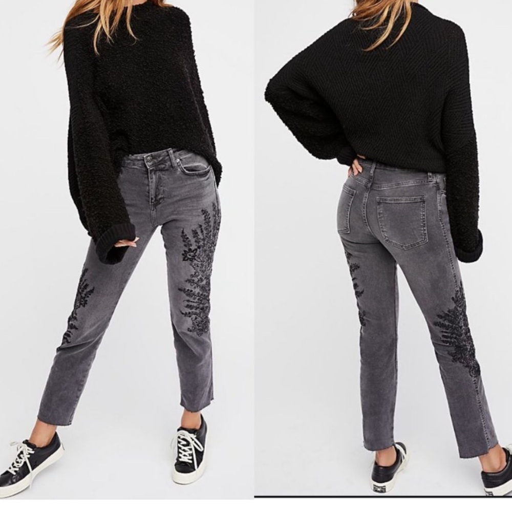 We The Free Charcoal Embroidered Cropped Jeans